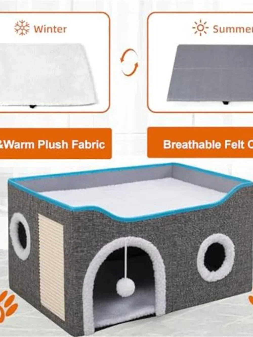 Cat House for Indoor Cats Large Cat Bed Condo Cave with Scratch Pad Fluffy Ball